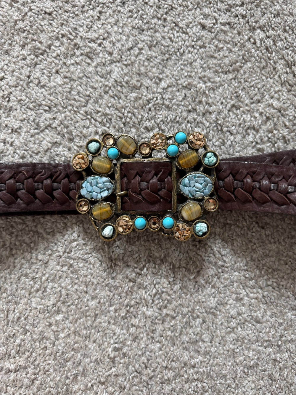 Leatherock USA Brown Woven Boho Stone Buckle Statement Belt